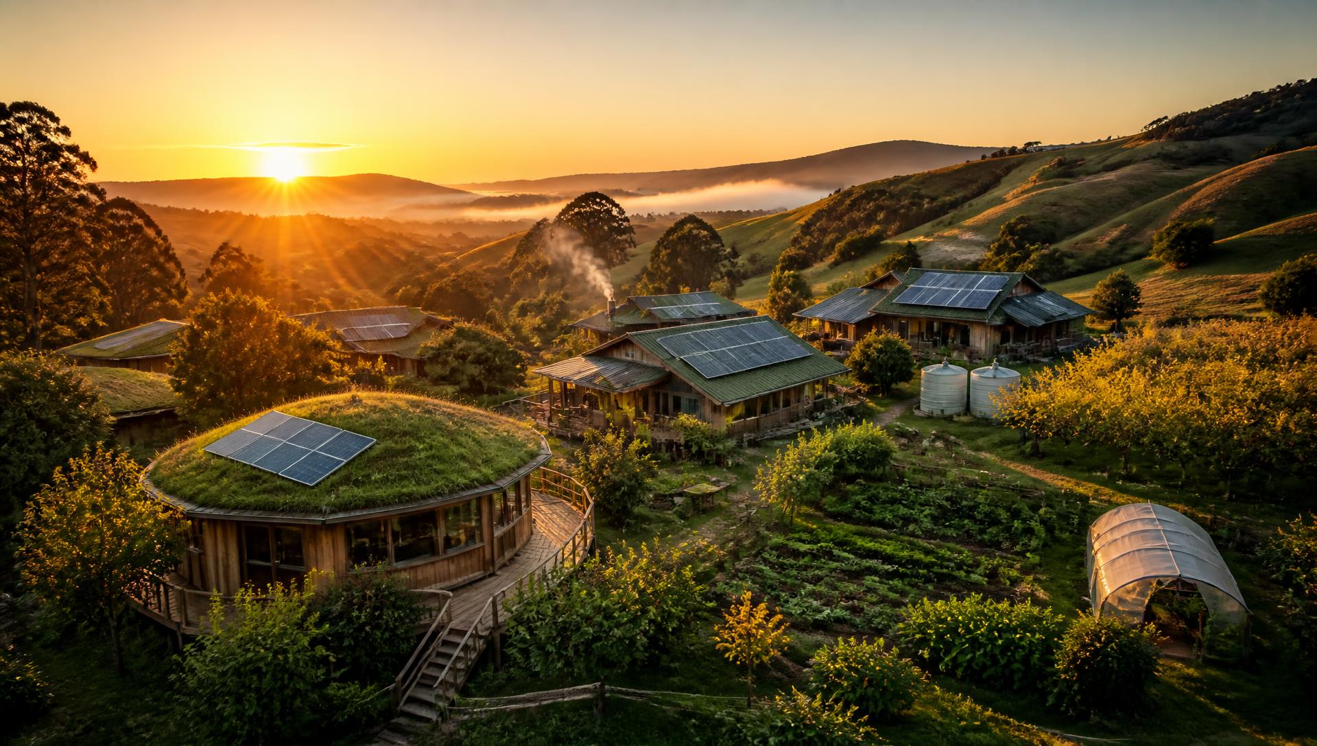 Aerial view of an off-grid community at sunset with solar roofs, market gardens and orchards