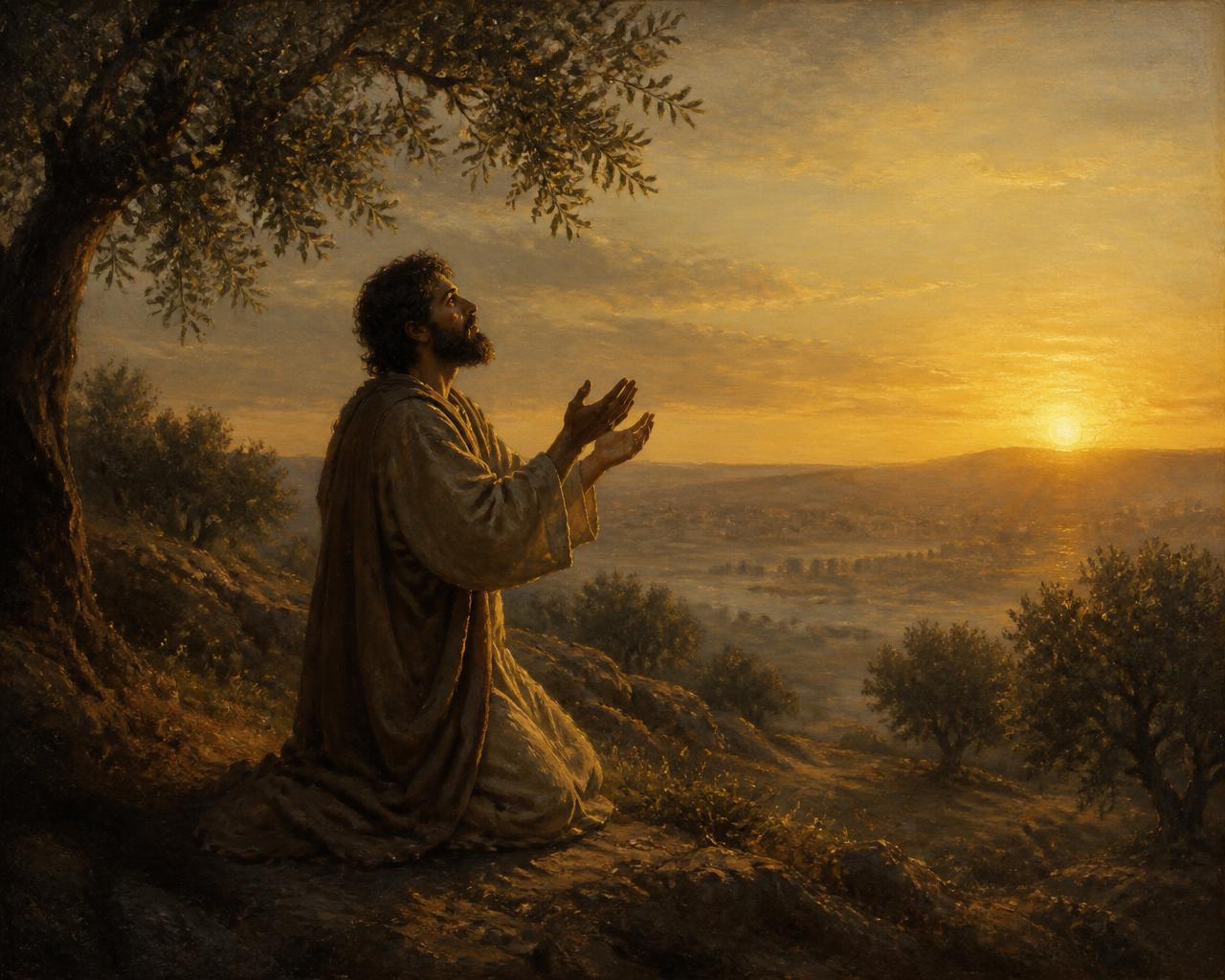 A man of the Bible kneeling outdoors in morning prayer at sunrise