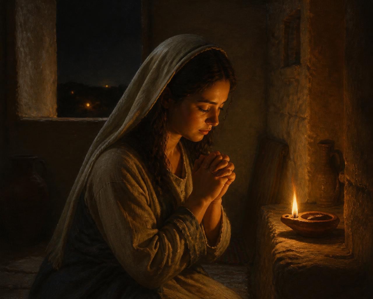 A woman of the Bible kneeling in prayer indoors by candlelight